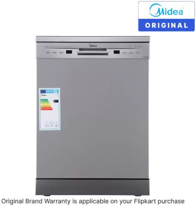 MIDEA 13 Place Setting Freestanding Dishwasher (WQP12-5201F, Silver,7 wash program, Child Lock, Extra Dry & Intensive 70 degree wash, A++ Energy Efficient, Delay Timer, Half Load, Adjustable Basket)