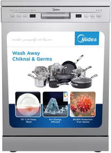 MIDEA 13 Place Setting Freestanding Dishwasher (WQP12-5201F, Silver,7 wash program, Child Lock, Extra Dry & Intensive 70 degree wash, A++ Energy Efficient, Delay Timer, Half Load, Adjustable Basket)