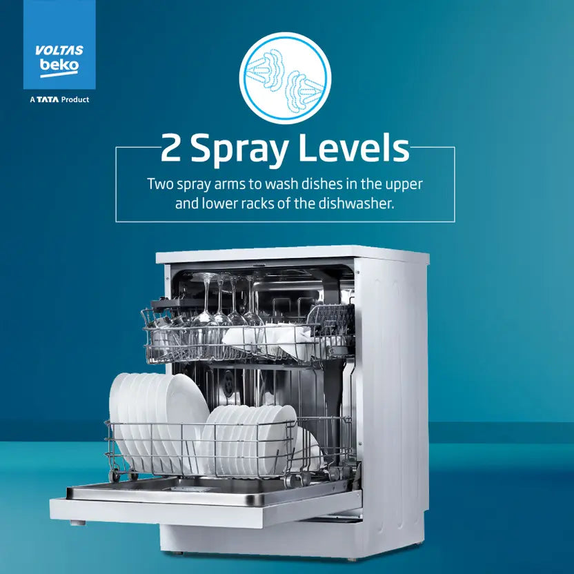 Voltas Beko by A TATA Product DF14W Free Standing 14 Place Settings Intensive Kadhai Cleaning| No Pre-rinse Required Dishwasher