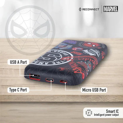 Reconnect Marvel Spiderman 10000mAh PowerBank, Li-Po battery, 1 USBB output port, Micro USB & Type C dual input, BIS approved, Mobile Accessories- DPB102 SM