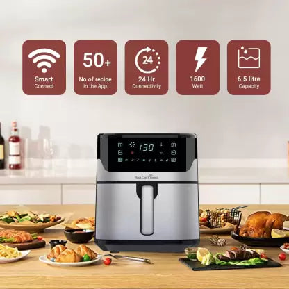 INALSA Stainless Steel Air Fryer 1600W|Smart Digital Wi-fi Connect|6.5L Capacity|8 Preset Program|Variable Temperature Control|Air Fryer for Home-Sous Chef Connect