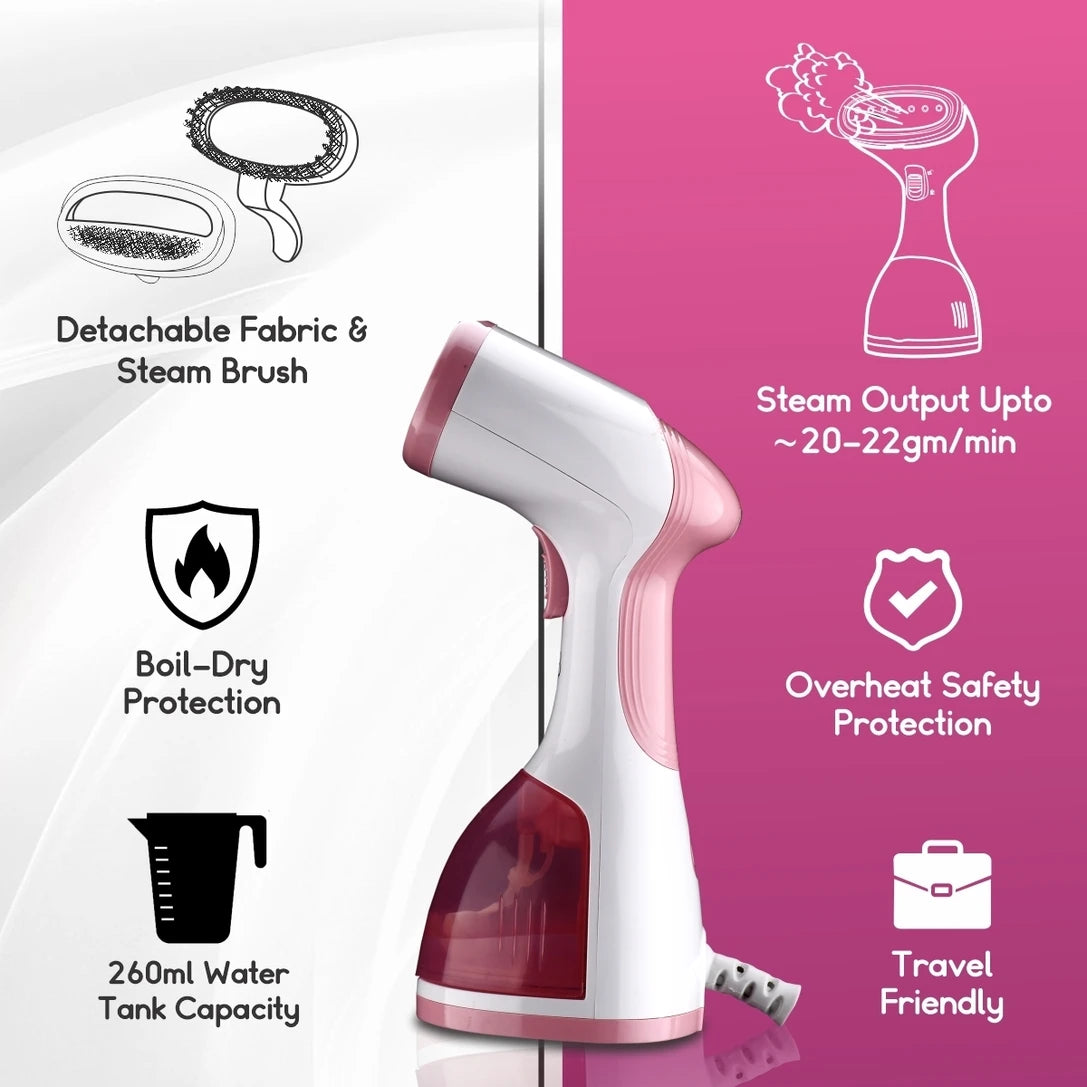 INALSA Garment Steamer for Clothes/fabric, Steam Iron -Vertical & Horizontal Steaming up to 20g/min, Travel Iron, 1200 Watt, 260 ml Water tank & 20 sec Fast Heating,White/Pink (Steamax)