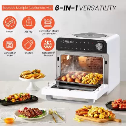 INALSA Air fryer,Oven,Steamer,Rotisserie,Convection|1700 W & 15 L|9 Accessories|Air Fry,Roast,Grill,Steam Vegetables,Idli,Momos,Sanitize|Self Clean Function| White