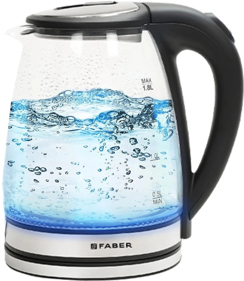 Faber 1.8L Electric Glass Kettle|2mm Borosilicate|Dry Heat Protection|LED Illuminator Beverage Maker (1.8 L, Black)