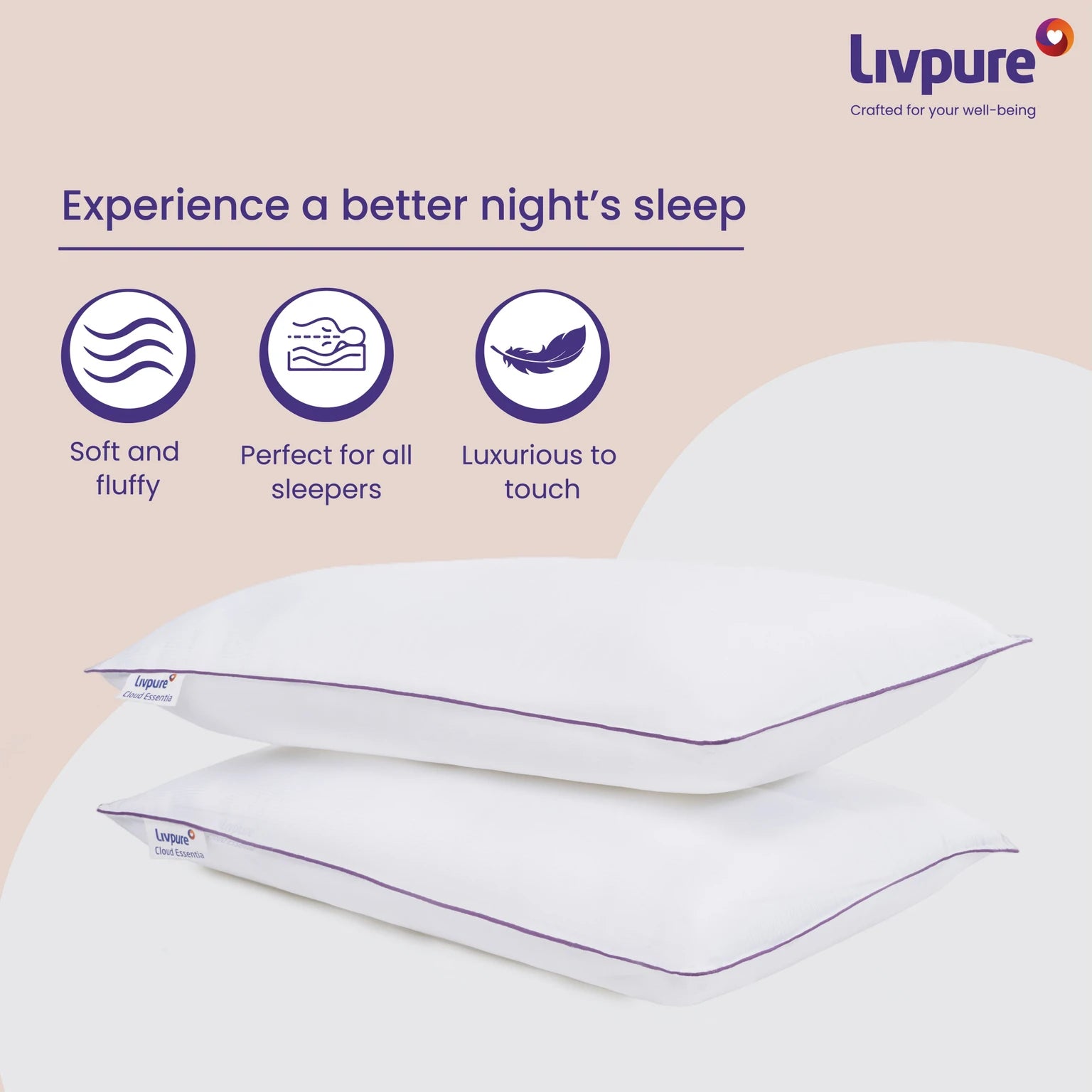 Livpure Smart Microfibre Sleeping Pillow Pack of 2 Solid Cloud Essentia (White) LSH-PILL-CLDESSN-PC2