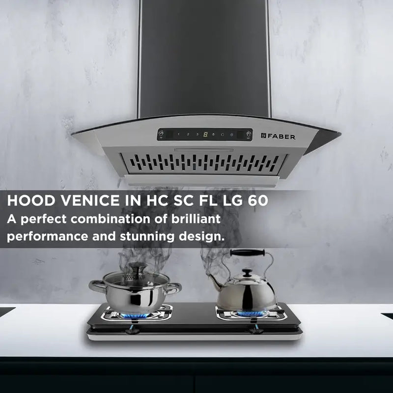 Faber 60 Cm 1200 M3/Hr, Autoclean Chimney,ilterless,Italian Design - Made In India (HOOD VENICE In HC SC FL LG 60, Touch & Gesture Control, Light Grey)