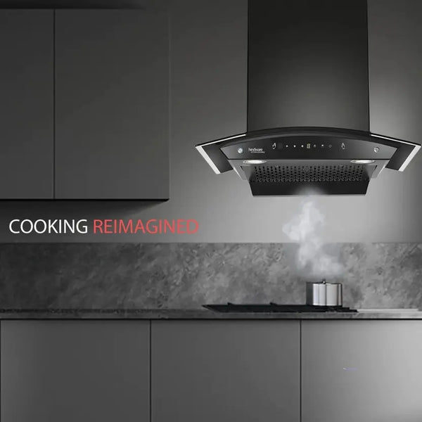 Hindware CHROMIA BLK RSN AC 90 | Filterless | 3 Speed Gesture Control | Thermal Auto Clean Wall Mounted Black 1200 CMH Chimney