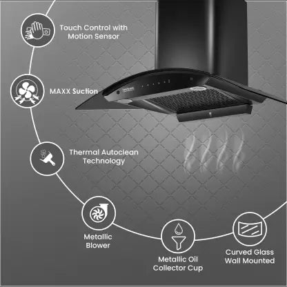 Hindware Smart Appliances Ripple 90 IN Auto Clean Curved Glass Wall Mounted Black 1350 CMH Chimney