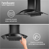 Hindware Smart Appliances Ripple 90 IN Auto Clean Curved Glass Wall Mounted Black 1350 CMH Chimney