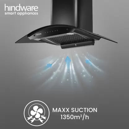 Hindware Smart Appliances Ripple 90 IN Auto Clean Curved Glass Wall Mounted Black 1350 CMH Chimney