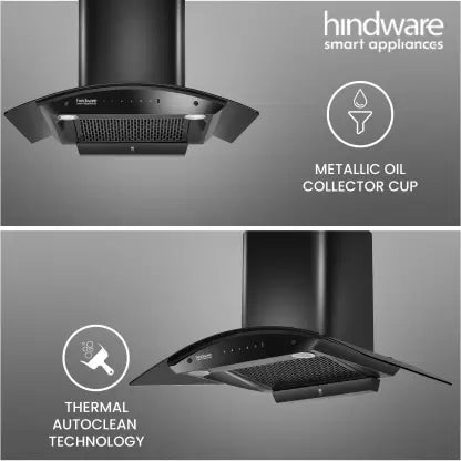 Hindware Smart Appliances Ripple 90 IN Auto Clean Curved Glass Wall Mounted Black 1350 CMH Chimney