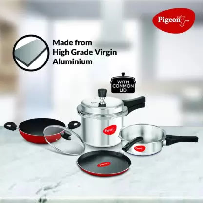 Pigeon by StoveKraft Limited 2 and 3 litre Pressure Cooker Outer Lid, 1 Flat Tawa 250 mm and 1 Kadai 240mm with Glass Lid Non-Stick Coated Cookware Set