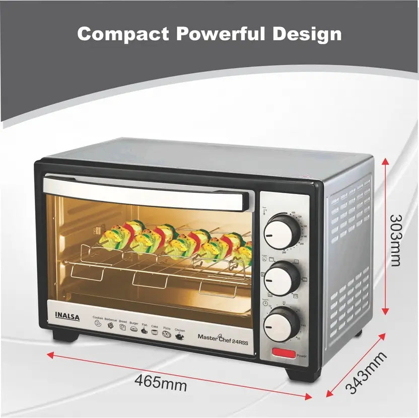 INALSA Oven OTG (24 Liters) Toaster Grill Oven 1600W with Motorised Rotisserie & Temperature Selection|6 Stage Heat Selection|Toaster Grill|Stainless-Steel Finish,(Silver),2Yr Warranty