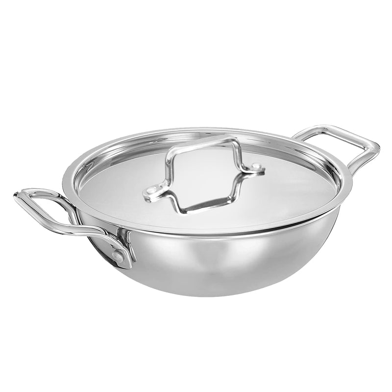 Inalsa Cookware Platinum Triply Kadhai with Lid-24cm, 3.2L| Induction Friendly (Silver)