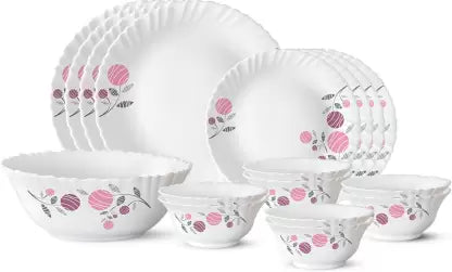 Larah by Borosil Pack of 17 Opalware Dahlia Galaxy Series Crockery for Dining & Gifting Dinner Set