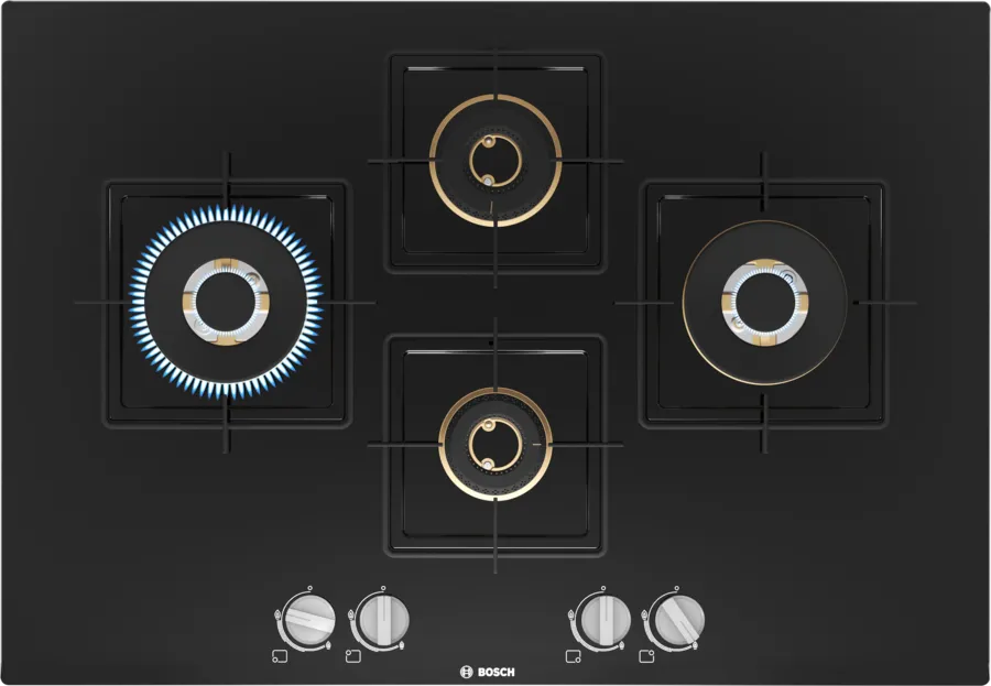 BOSCH Built in Series 6 Gas hob 75 cm Tempered glass, Brass Burner PNI7B6F10I Glass Automatic Hob  (4 Burners)