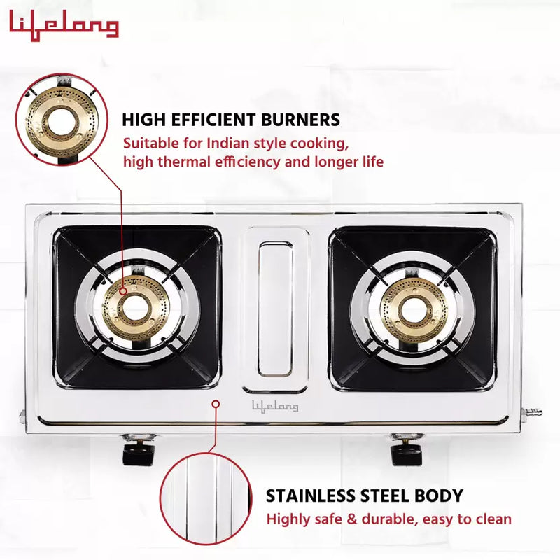 Lifelong ISI Certified Stainless Steel Manual Gas Stove (2 Burners)