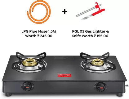 Prestige Atlas Plus Toughened top with Lighter Knife and Hose Pipe Glass Manual Gas Stove 3 Burner