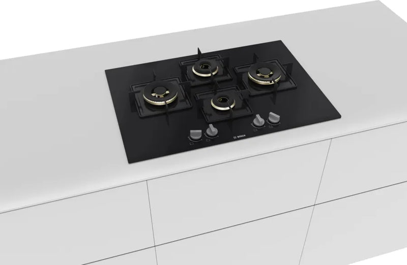BOSCH Built in Series 6 Gas hob 75 cm Tempered glass, Brass Burner PNI7B6F10I Glass Automatic Hob  (4 Burners)