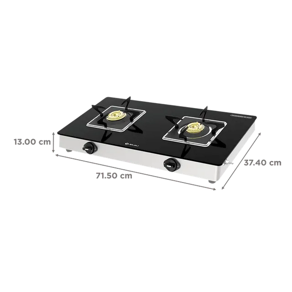 BAJAJ 2BRGS7 Glass Top 2 Burner Manual Gas Stove (Integrated SS Drip Tray, Black)