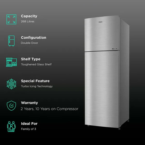 Haier 268 Litres 2 Star Frost Free Double Door Convertible Refrigerator REF HRF-3182BIS-P, Inox Steel