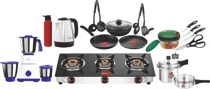 Pigeon Family Kitchen_Set with Mixer, Cookware Set, Kettle, Water bottle, Cooker, Glass Manual Gas Stove