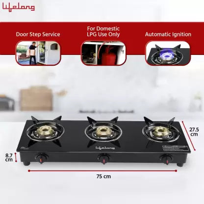 Lifelong LLGS602 Automatic Ignition Gas Stove for LPG use only Glass Automatic Gas Stove