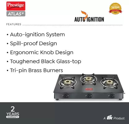 Prestige Atlas Plus High Effient Brass burner & Toughened Glass Automatic Gas Stove