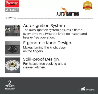 Prestige Atlas Plus High Effient Brass burner & Toughened Glass Automatic Gas Stove