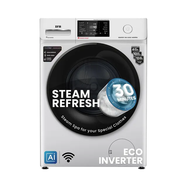 IFB 8 Kg 5 Star Powered by AI with 9 Swirl Wash, WiFi, Fully Automatic Front Load Washing Machine (Senator SXN 8014, Steam Refresh Program with Eco Inverter, Rich Silver)(Touched Up)