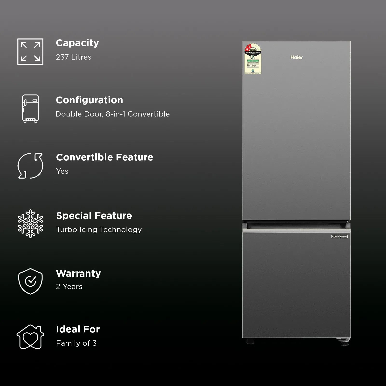 Haier 237 Litres 2 Star Frost Free Double Door Bottom Mount Convertible Refrigerator with Turbo Icing Technology (HRB-2872IBGB-P, GE Black)