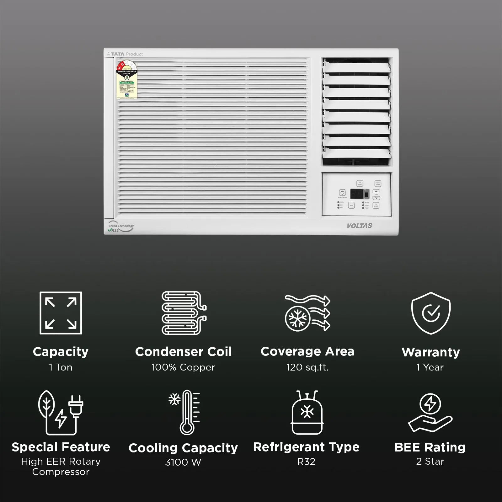 VOLTAS 122FS PLATINA 1 Ton 2 Star Window AC (2026 Model, Copper Condenser, Anti Dust Filter)