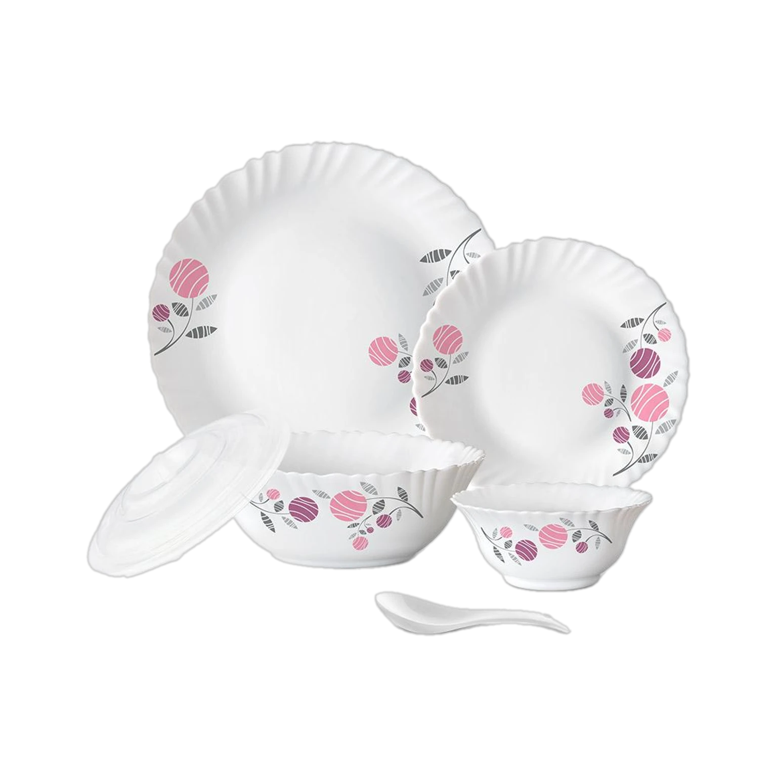 Larah by Borosil Pack of 34 Opalware Dahlia Galaxy Series Dinner Set (Microwave Safe)