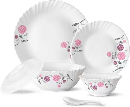 Larah by Borosil Pack of 34 Opalware Galaxy Dahlia Crockey Gifting, Plate & Bowl Dinner Set