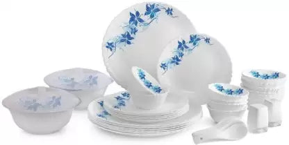 cello Pack of 37 Opalware Dazzle Blue Swirl 37 Pcs Dinner Set/Scratch Resistant/ Light Weight/ Smooth Surface Dinner Set