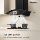 Beyond Appliances Asteria 90cm BLDC Auto Clean Kitchen Chimney | 1408 CMH Suction | Filterless | Curved Glass | Smart Screen & Speakers | Touch Control | Black(BASE-CA90-IF-001)