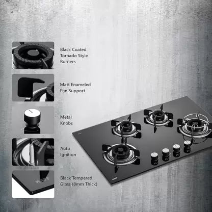 Kaff CRH 804 Black Coated Tornado Style Burners Dual Flame Auto Electric ignition Glass Automatic Hob  4 Burners