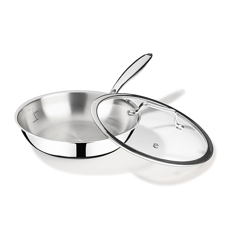 Arttdinox by Jindal Lifestyle Reflecto TriPly Stainless Steel Frypan with Glass Lid | Steel Fry pan for Cooking | Frying pan Triply | Gas & Induction Compatible, 2.0L/ 24cm, Silver | Jindal Stainless