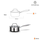 Arttdinox Stellar Stainless Steel Triply Sauce pan with Straining Glass Lid | Milk Pan | Saucepan for Tea | Gas and Induction Compatible, 16cm/1.5Ltr | Jindal Stainless, Silver