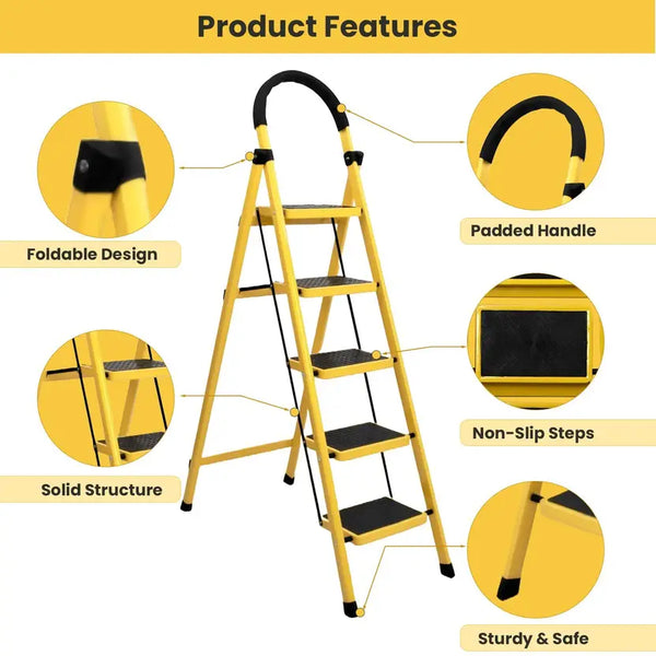 Asian Paints TruCare 5-Steps Trendy Steel Ladder, Foldable Ladder for Home & Office use, Durable, Wide, Anti-Skid, Lightweight & Easy to Carry, with 5