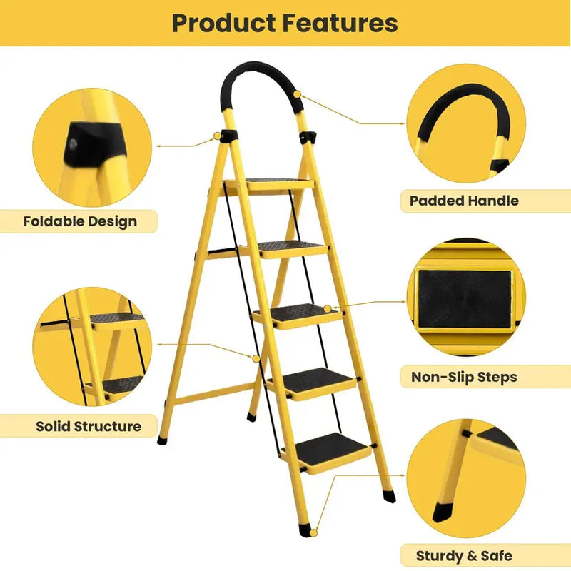 Asian Paints TruCare 5-Steps Trendy Steel Ladder, Foldable Ladder for Home & Office use, Durable, Wide, Anti-Skid, Lightweight & Easy to Carry, with 5