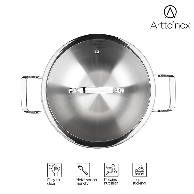 Arttdinox by Jindal Lifestyle Reflecto Triply Stainless Steel Kadai with Glass Lid | Kadhai Steel Triply | Steel Kadai for Frying | Gas and Induction Compatible, 3L/24cm, Silver | Jindal Stainless