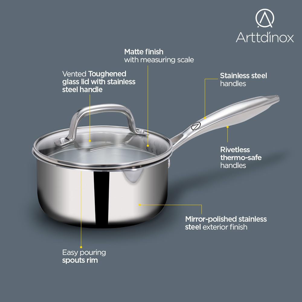 Arttdinox Stellar Stainless Steel Triply Sauce pan with Straining Glass Lid | Milk Pan | Saucepan for Tea | Gas and Induction Compatible, 16cm/1.5Ltr | Jindal Stainless, Silver