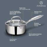 Arttdinox Stellar Stainless Steel Triply Sauce pan with Straining Glass Lid | Milk Pan | Saucepan for Tea | Gas and Induction Compatible, 16cm/1.5Ltr | Jindal Stainless, Silver