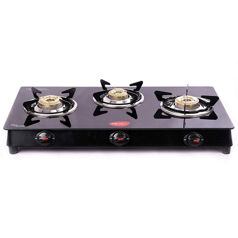 Pigeon  3 Burner Gas Stove  Gas Cooktop, Cooktop with Glass Top and Powder Coated Body, Black, Manual Ignition