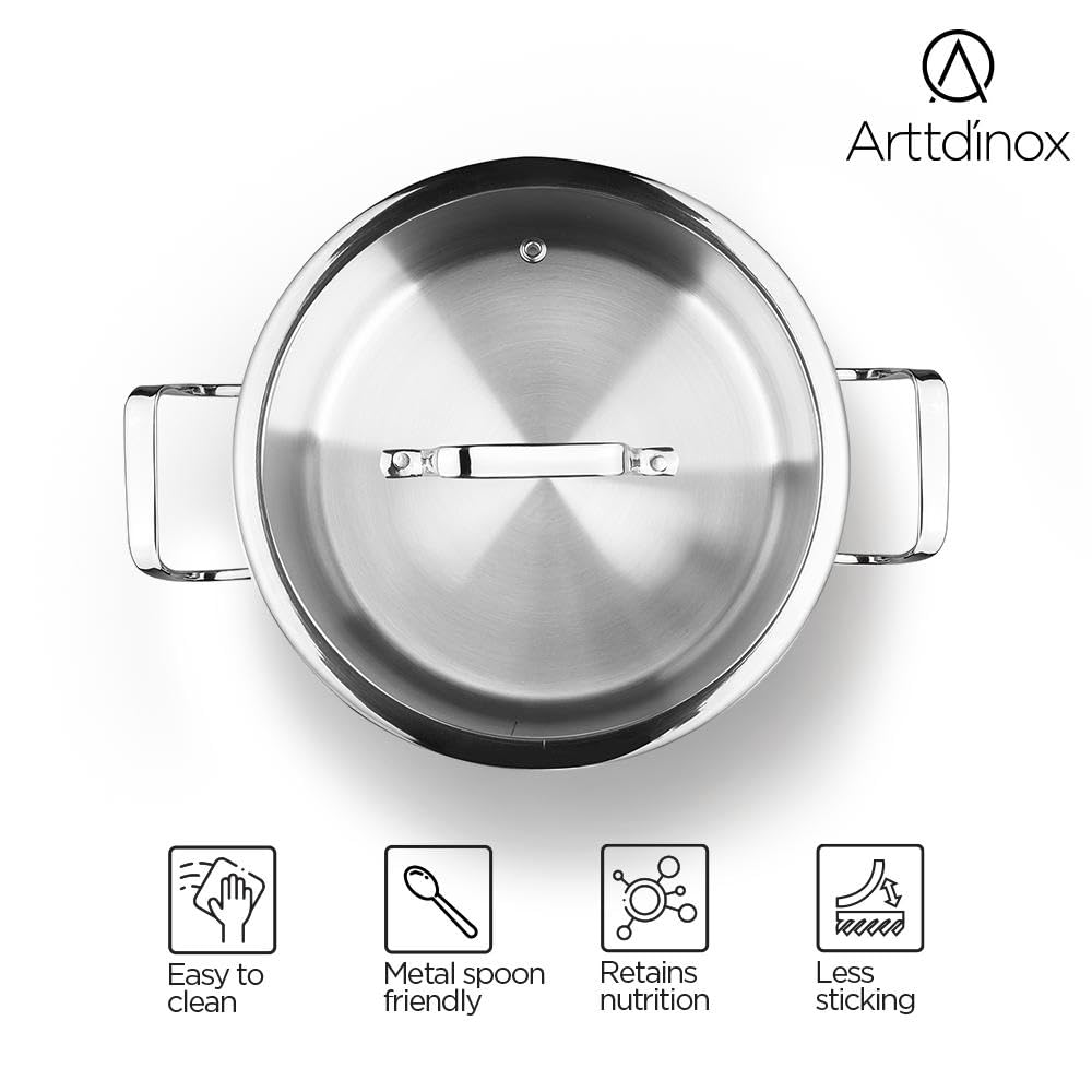 Arttdinox by Jindal Lifestyle Reflecto Triply Stainless Steel Caserole with Glass Lid | Triply Clad Casserole | Steel Casserole for Cooking | Cooking Casserole, 5.2L/24cm, Silver | Jindal Stainless
