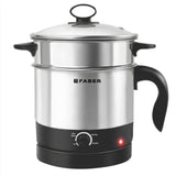 Faber 600W 1.2L Multi Cooker + Steamer|Cook Noodles, Rice, Soup, Baby Food, Boil Veggies & Eggs|Steam Momos|SS204 Container & Steamer, Egg Boiler Stand, Lid|Temp Control Knob|FMC1.2L PRO Steamer SS