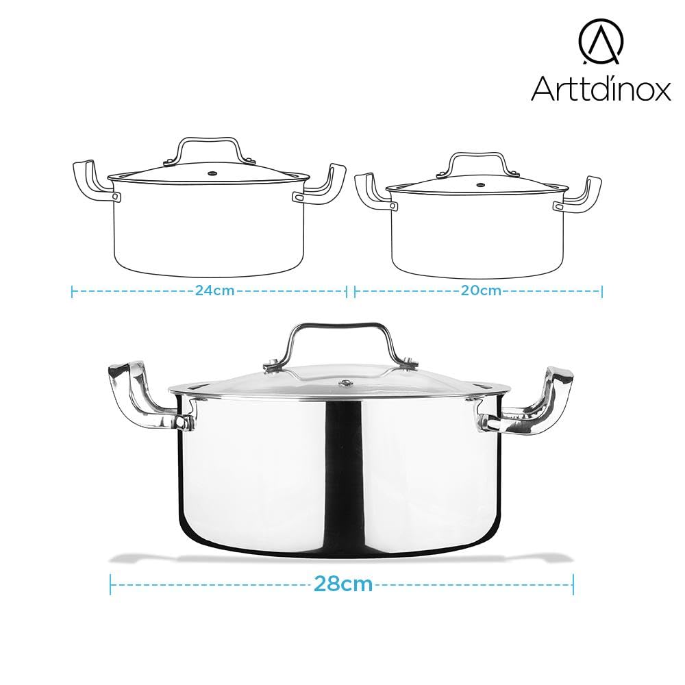 Arttdinox by Jindal Lifestyle Reflecto Triply Stainless Steel Caserole with Glass Lid | Triply Clad Casserole | Steel Casserole for Cooking | Cooking Casserole, 7.8L/28cm, Silver | Jindal Stainless