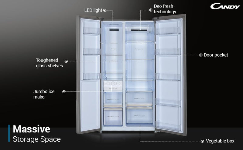 CANDY 602 L Frost Free Side by Side Refrigerator with 100% Convertible Technology, Digital Control Panel and Magic Convertible Cooling 2-door (Shiny Steel, CSS6600TS)