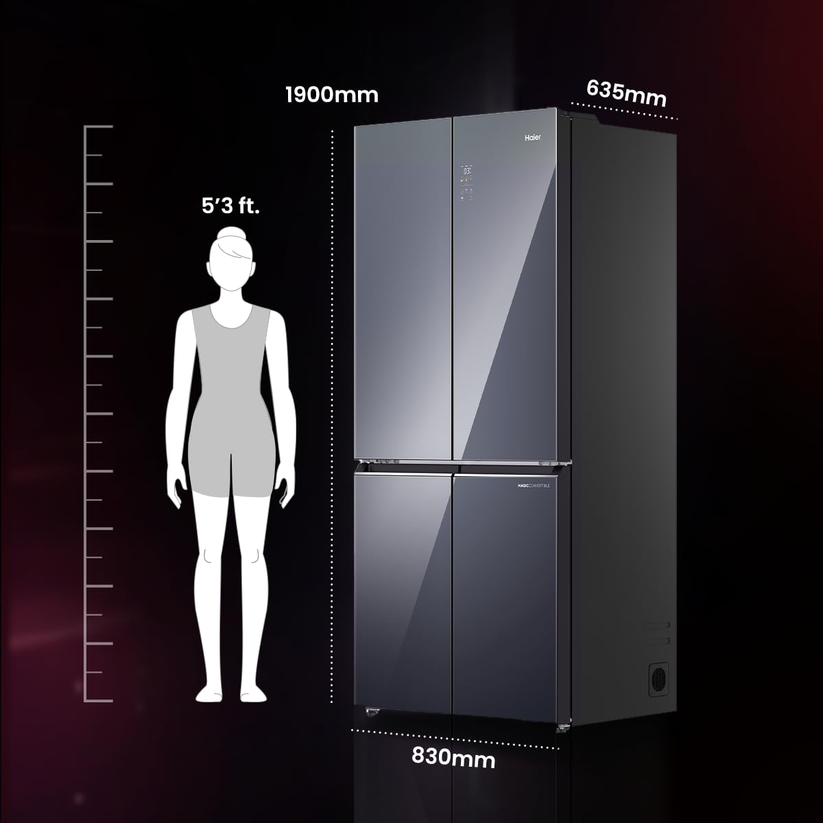 Haier 520L 3Star Lumiere French Door 4-Door Side by Side Frost Free Refrigerator|Convertible|Wi-Fi|Inverter|Colourful Display Panel|My zone|Sun Lit Interior (HRB-600MGU1, Mirror Glass)